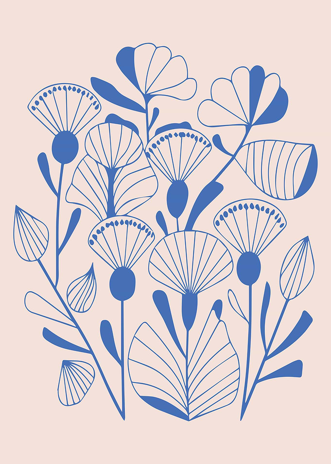 Blue Floral Line Art Drawing Illustration