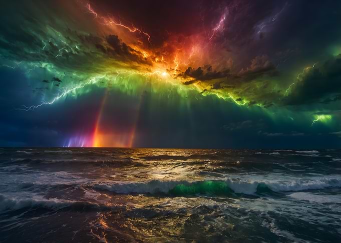 Rainbow Storm Over Ocean