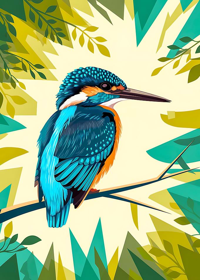Modern Art Kingfisher on Tree Branch