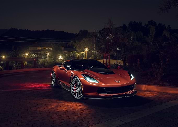 Orange Corvette at Night