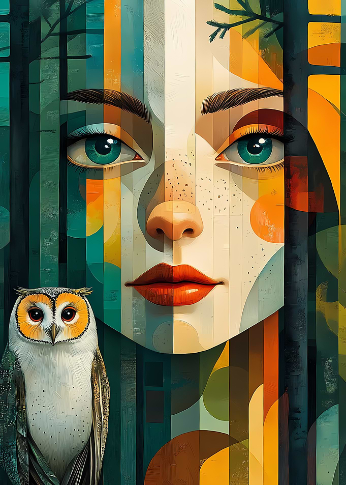 Woman and Owl in Abstract Forest