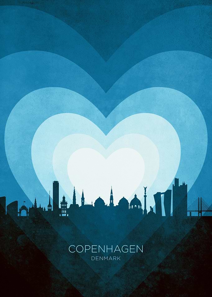 Copenhagen Denmark Skyline Hearts Blue