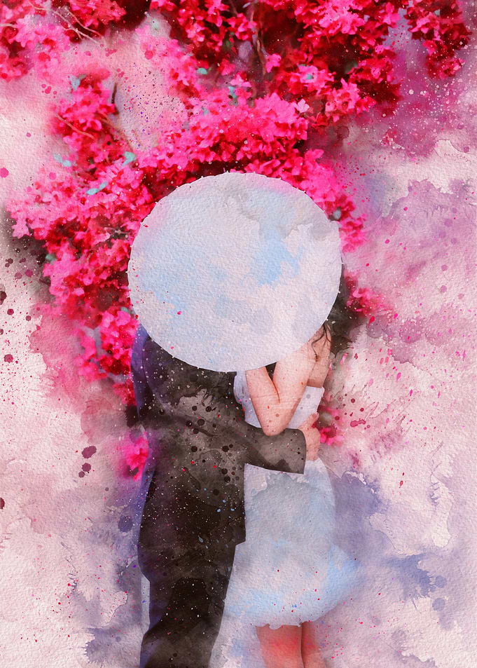 Couple Under Umbrella Floral Background