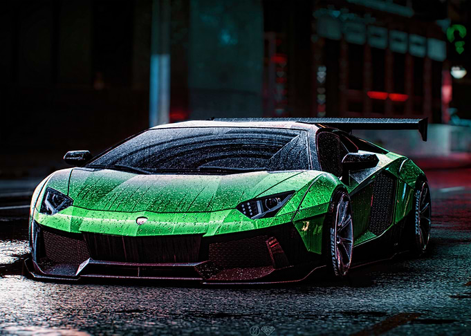 Green Lamborghini in the Rain