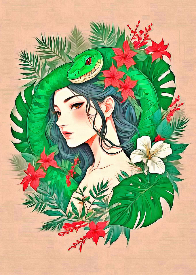 Woman with Snake and Flowers