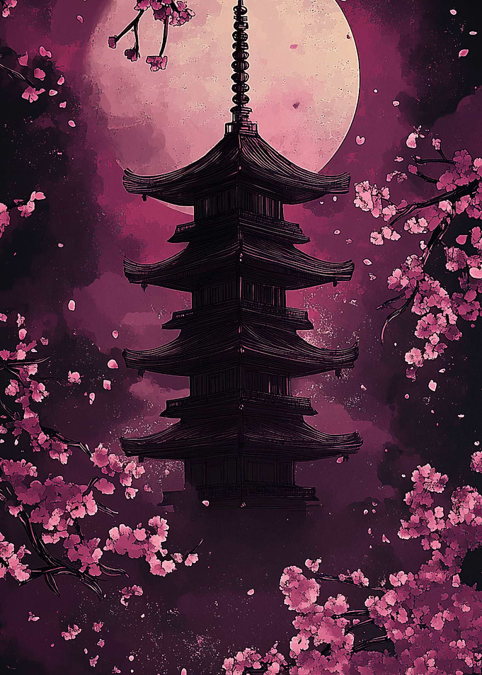 Japanese Pagoda Under Moon