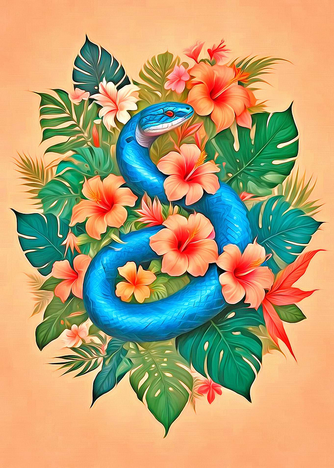 Blue Snake in Tropical Flowers
