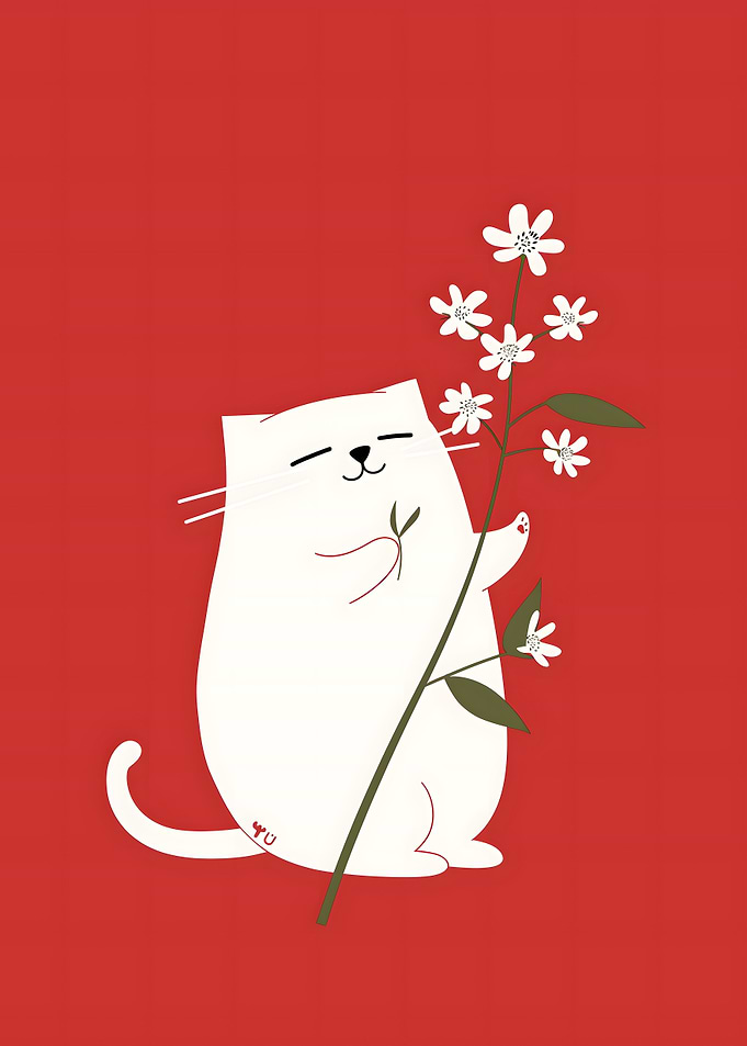 White Cat with Flowers