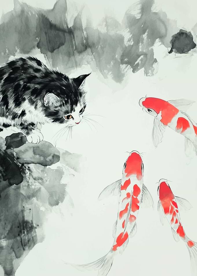 Cat and Koi Fish Painting