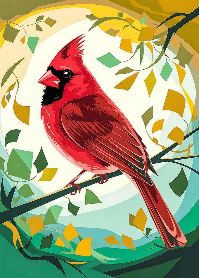 Stylized Cardinal in Colorful Forest