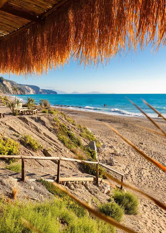 View of the Beach from the Holiday Terrace, Lefkada, Greek Island