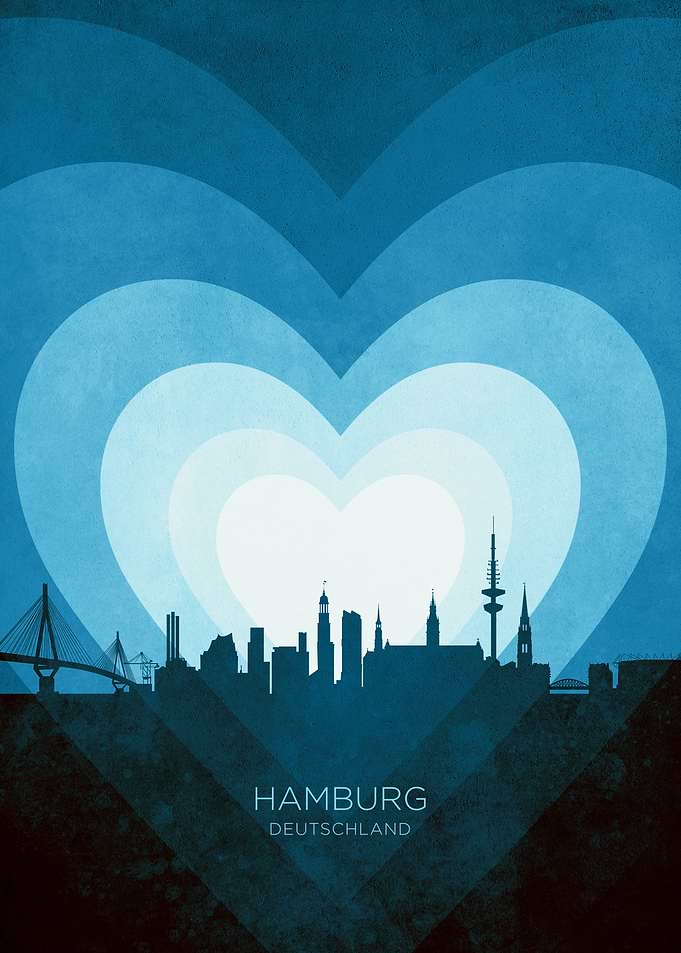 Hamburg Germany Skyline Hearts Blue