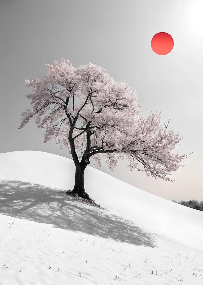Solitary Sakura Tree in Full Bloom on a Pristine White Hill Wall Art