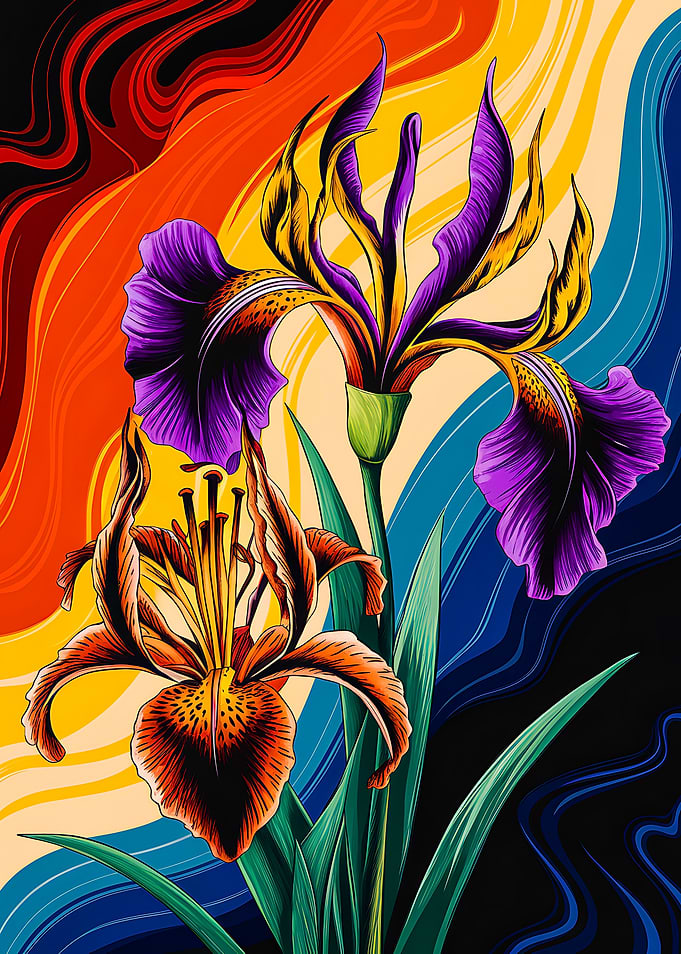 Vibrant lily Iris Blooms in Abstract Waves