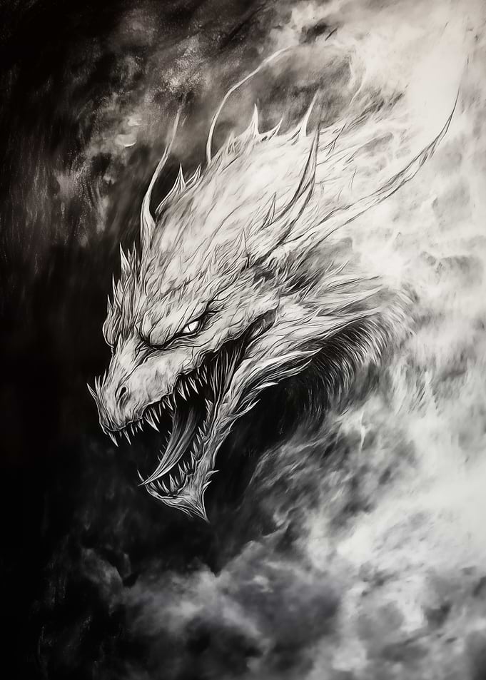 Dragon in the Clouds - charcoal drawing