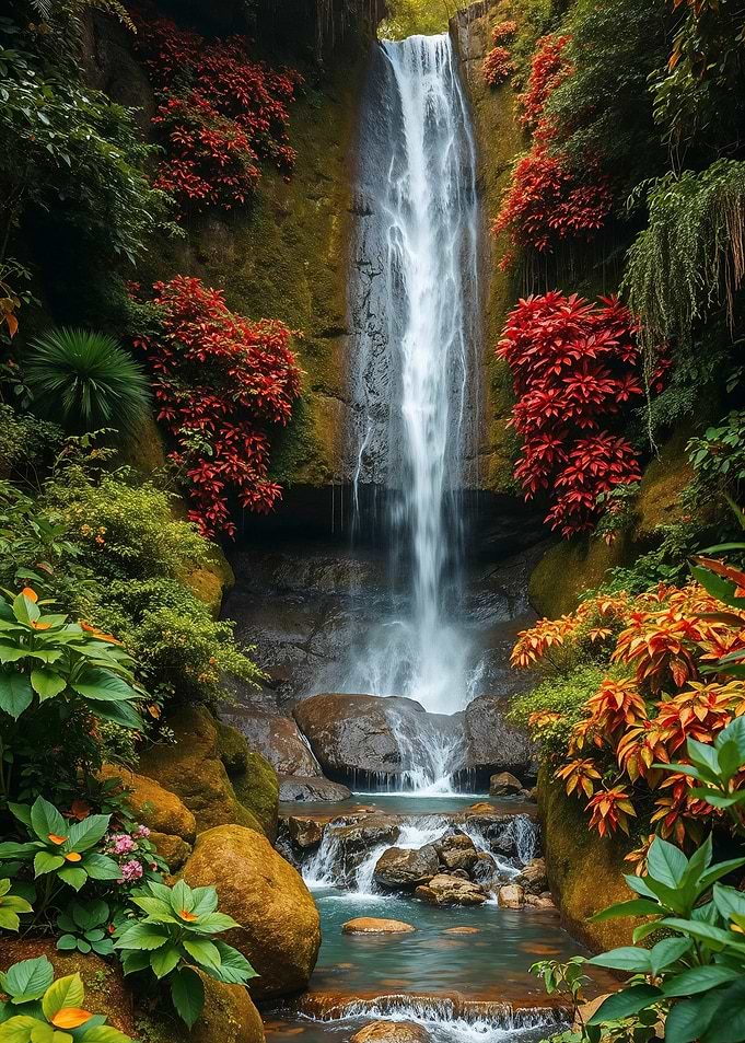 Serene Waterfall in Lush Jungle
