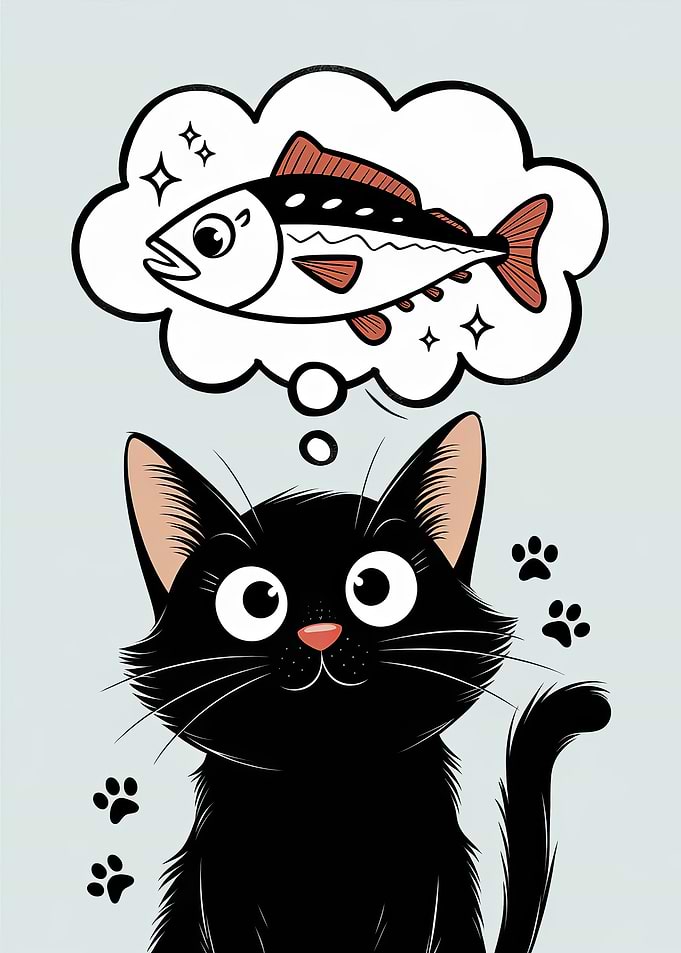 Black Cat Dreaming of Fish