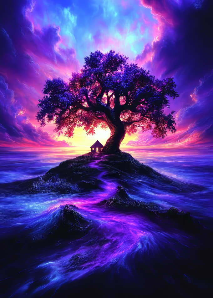 Elysian Solitude: The Tree of Life and Dreams Purple Tree and Sunset