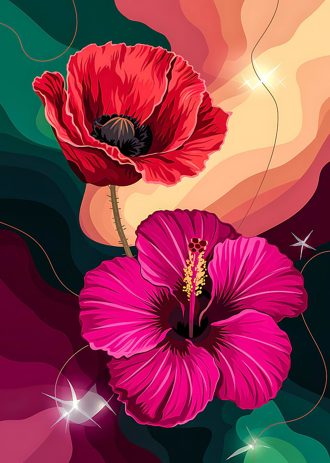 Red Poppy and Pink Hibiscus Art Abstract Design