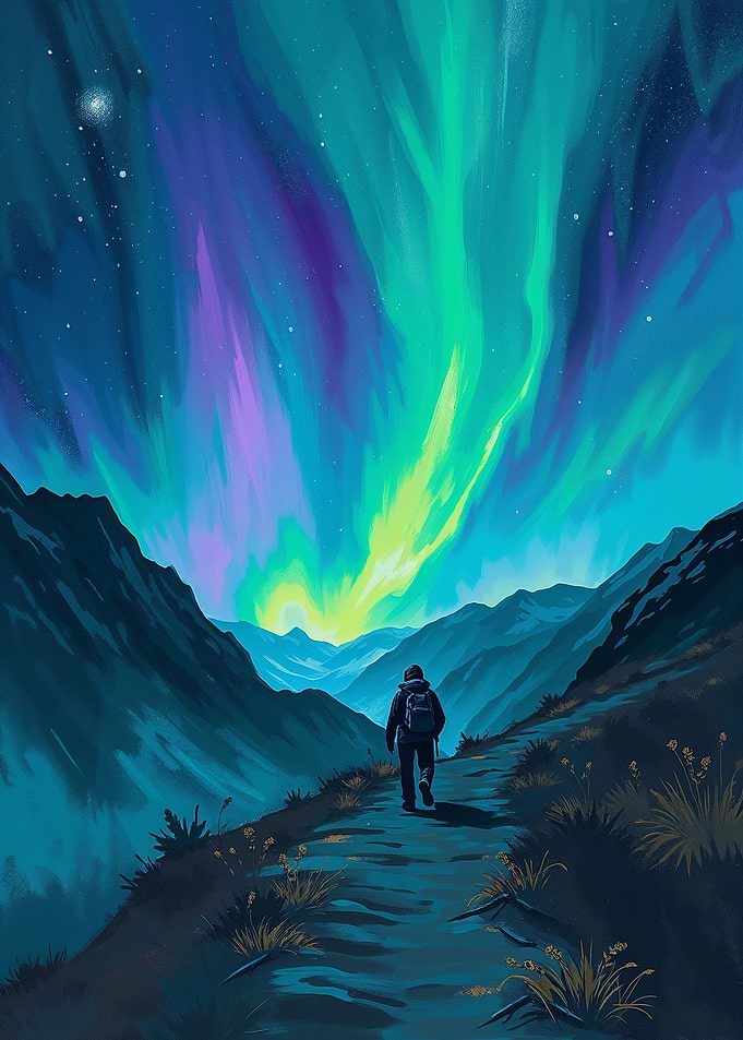 Aurora Borealis Night Hike Acrilic Painting