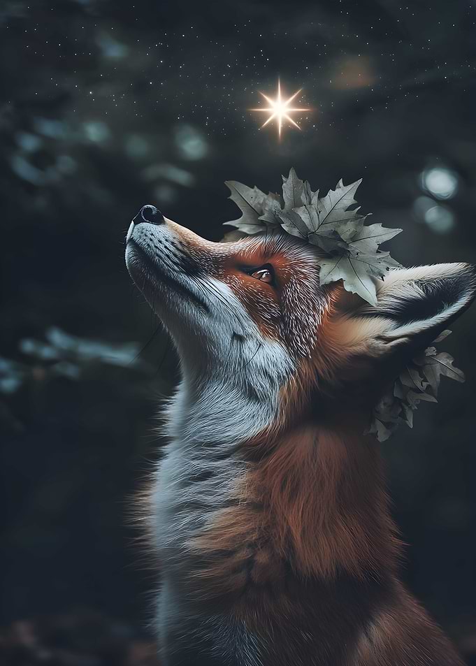 Surrealism A fox with a crown of leaves gazes up