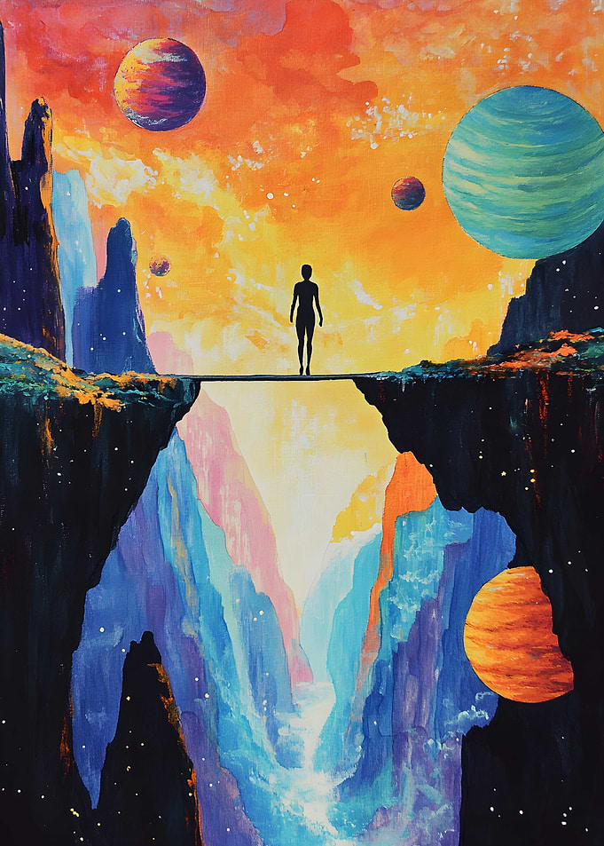 A person walks along a tightrope stretched across Vintage Art