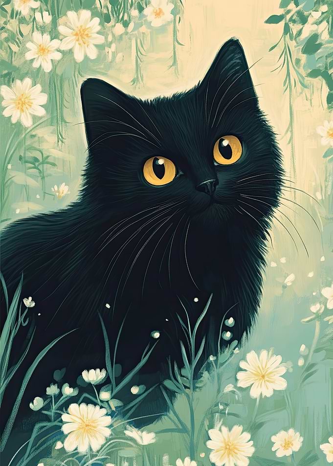 Black Cat in Flowers