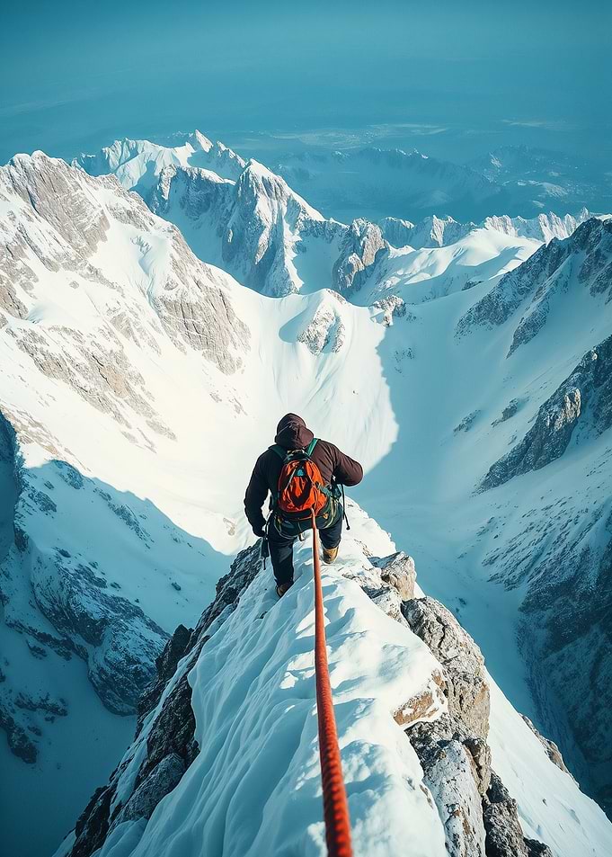 Climber on Snowy Mountain Ridge