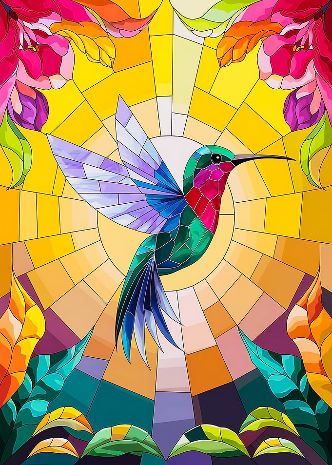 Stained Glass Hummingbird in Full Flight