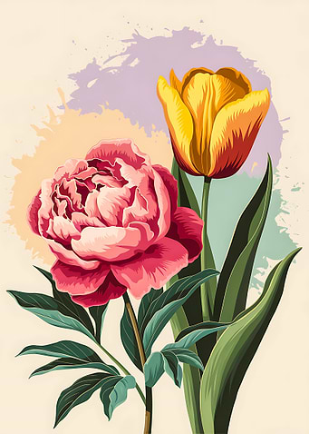 Pink Peony and Yellow Tulip Abstract Design