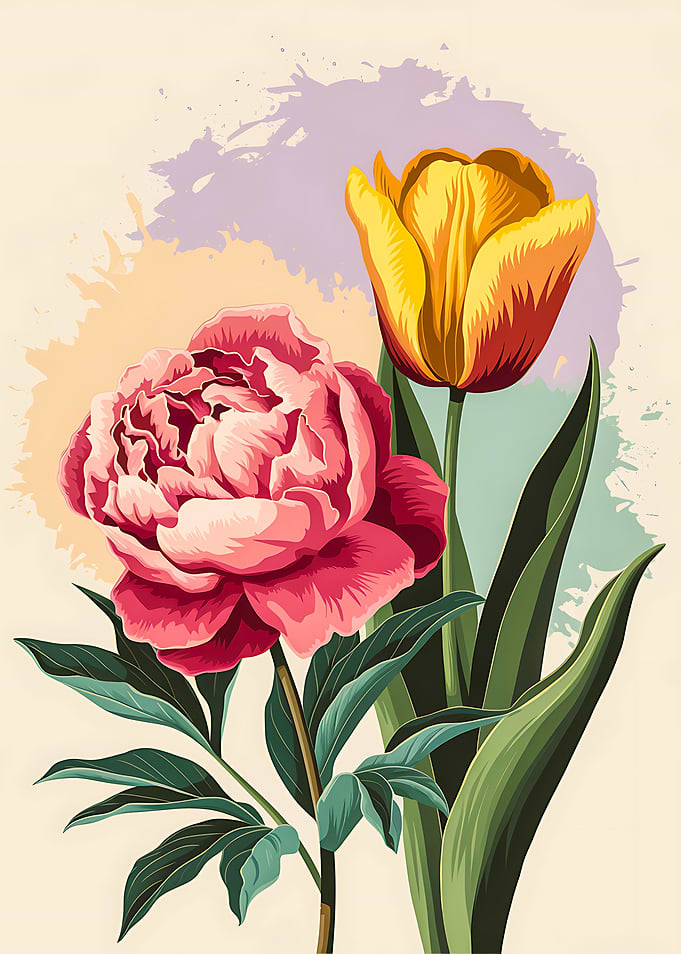 Pink Peony and Yellow Tulip Abstract Design