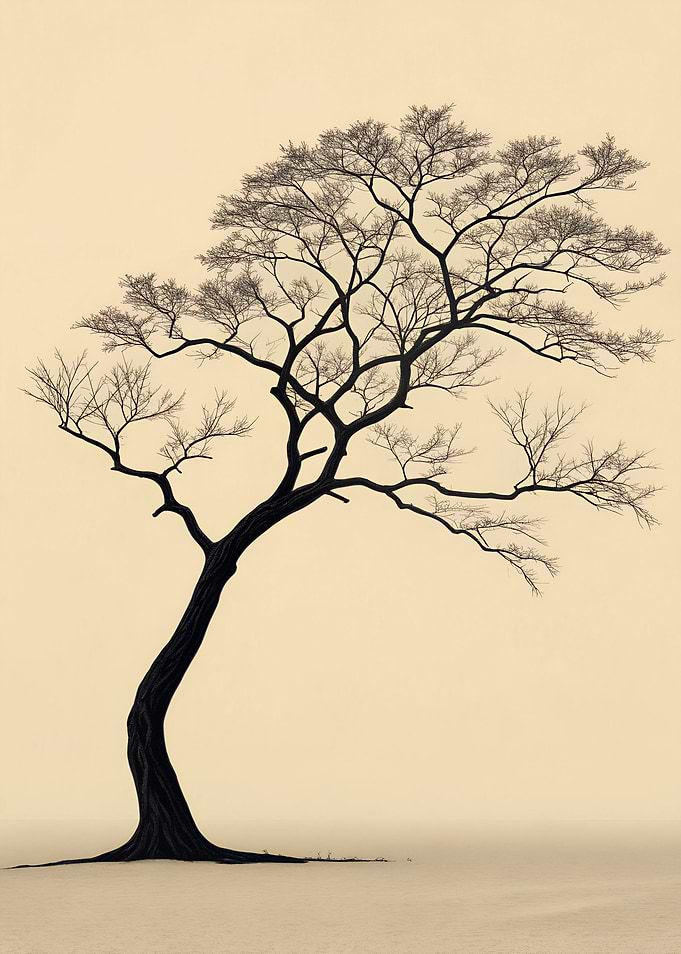 Silhouette of Black Tree with Thin Branches on Neutral Beige Background