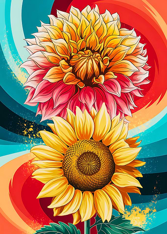 Colorful Floral Sunflower and Dahlia Abstract Waves
