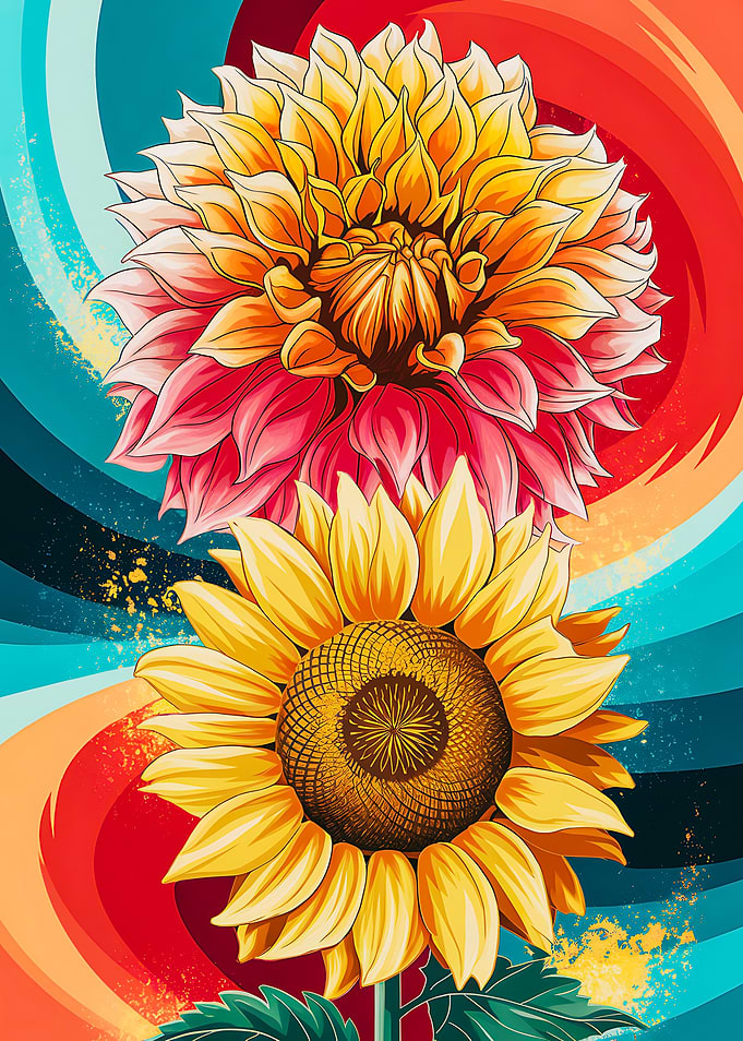 Colorful Floral Sunflower and Dahlia Abstract Waves