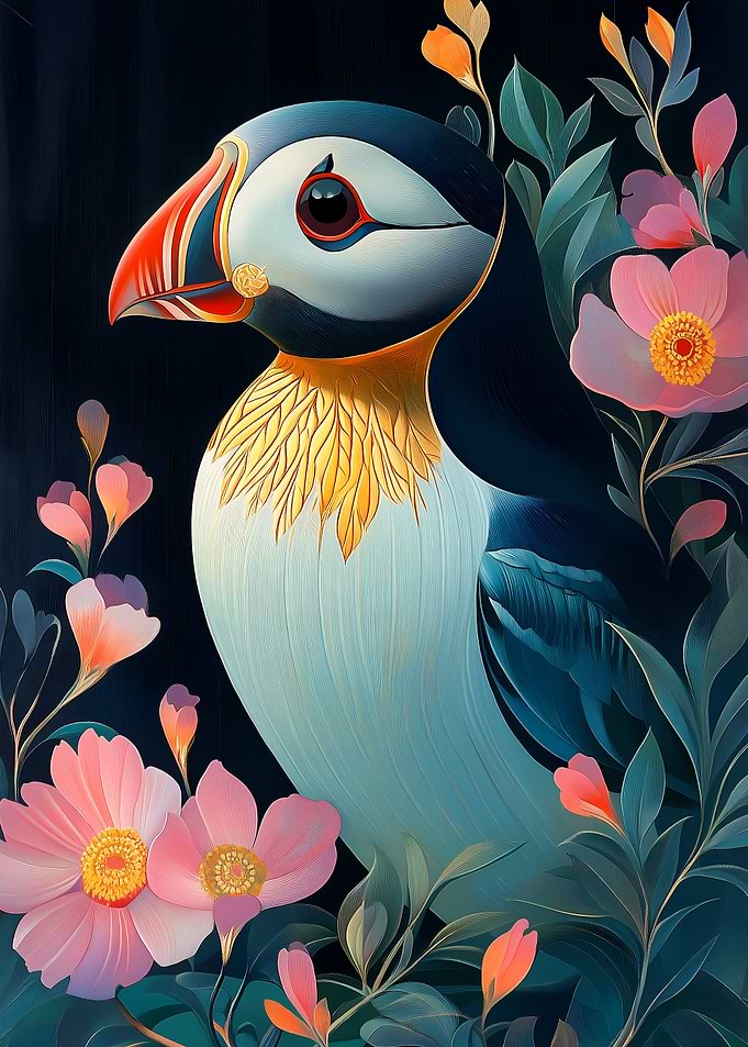 Puffin with Flowers Animal