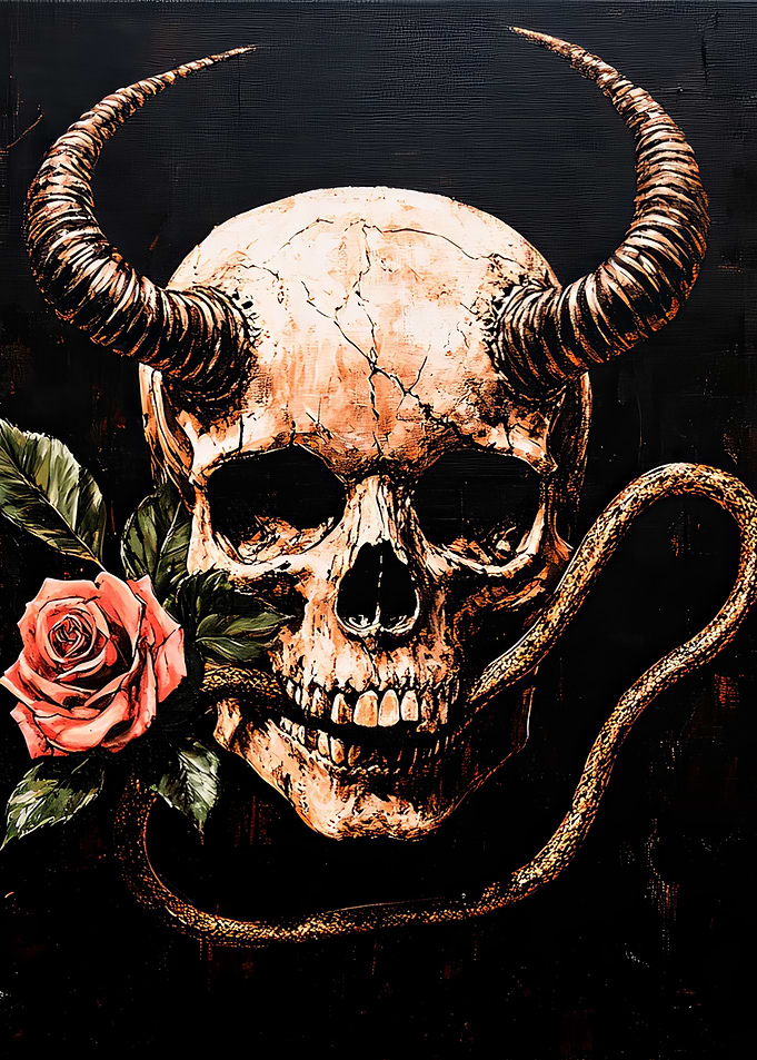 Skull with Horns and Snake