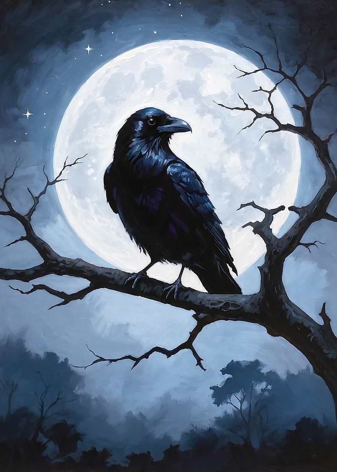 Gothic Raven Painting Under Full Moon