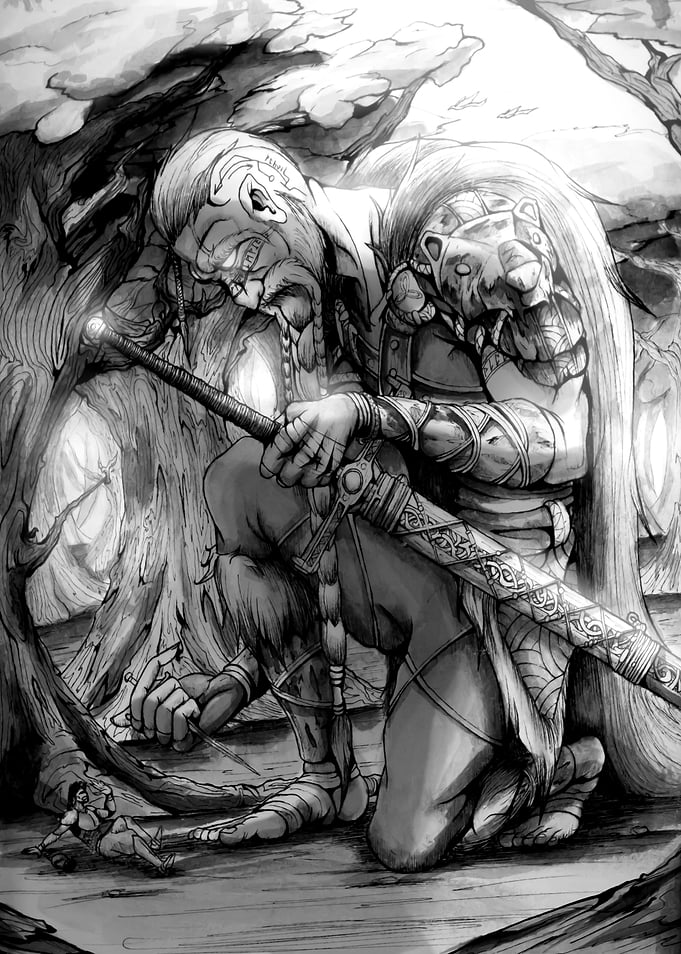 Giant Warrior Kneeling in Forest
