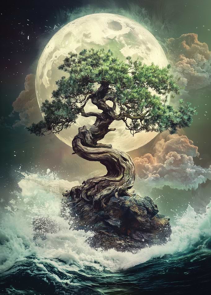 Bonsai Tree Under Full Moon