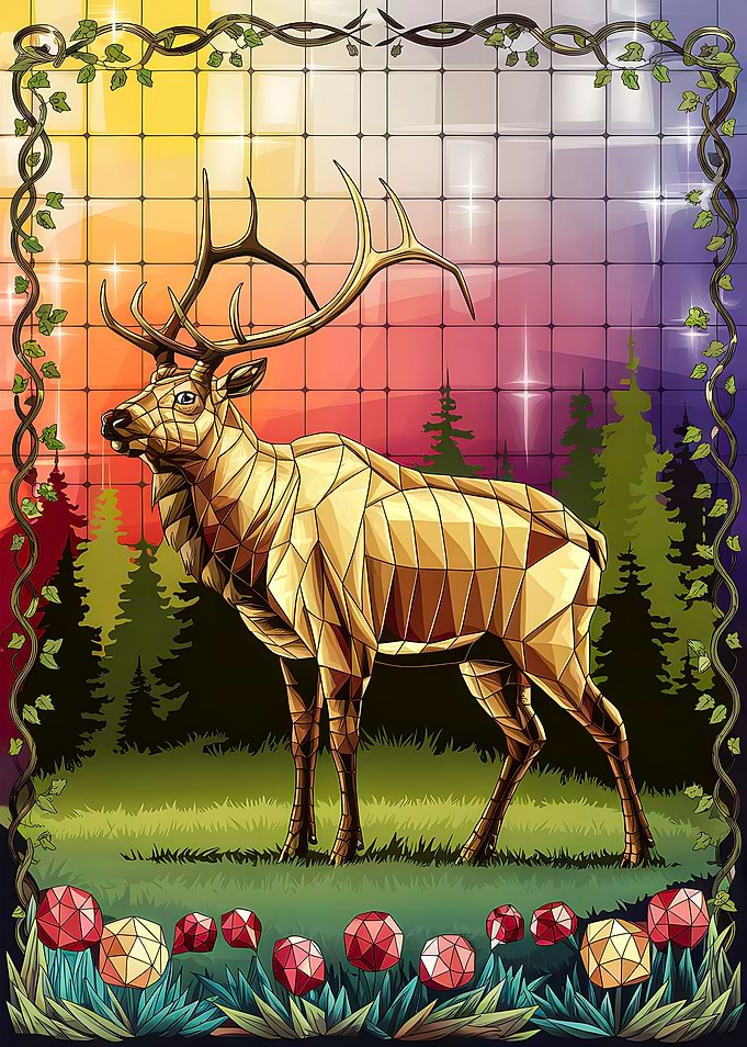 Enchanted Elk in Glass Art Morning Forest