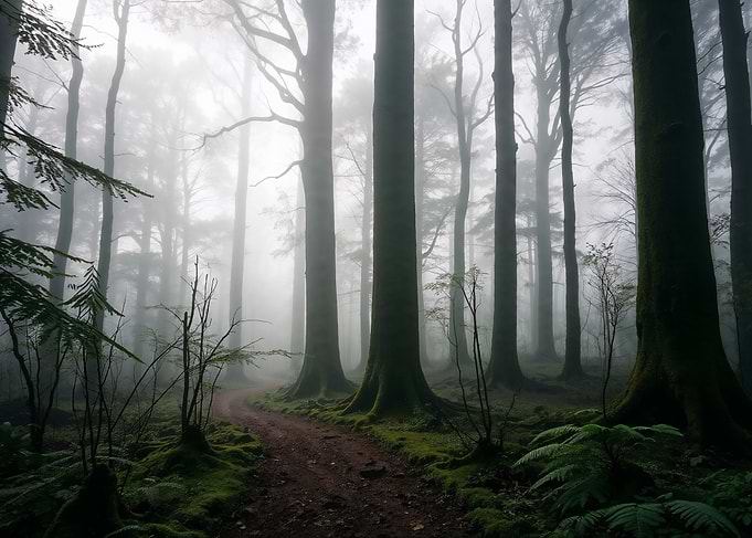 Path Through a Misty and Mossy Old Forest
