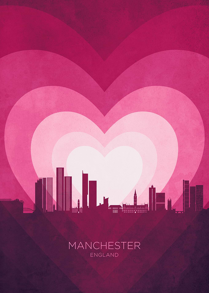 Manchester England Skyline Hearts Pink