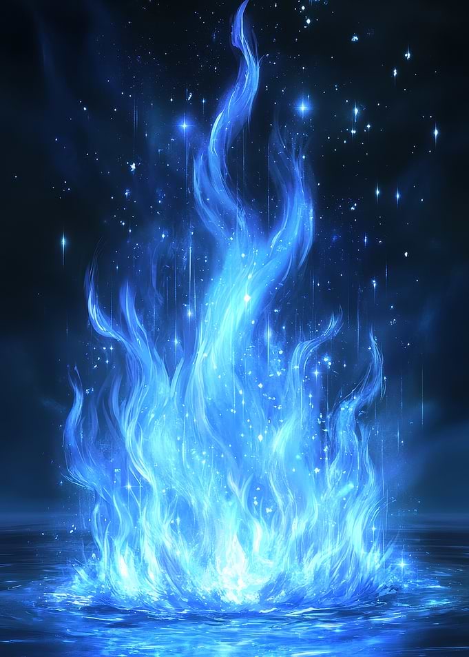 Enchanted Blue Flame Rising from Tranquil Waters - Blue Flame Illustration
