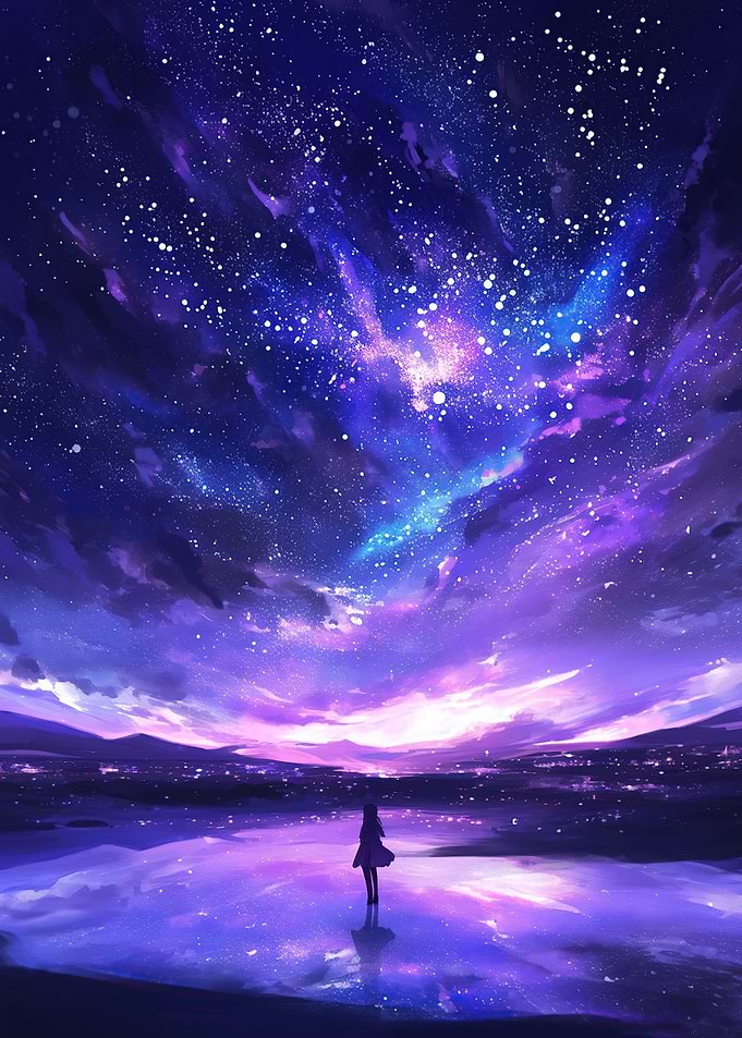 Starry Night Reflected on a Lake with a Girl