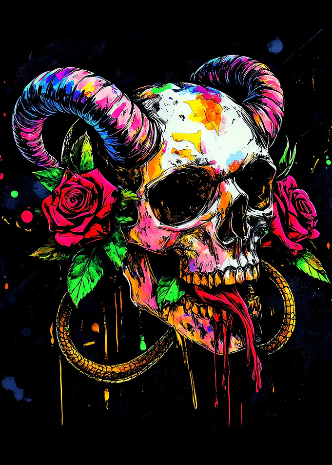 Skull with Horns and Roses