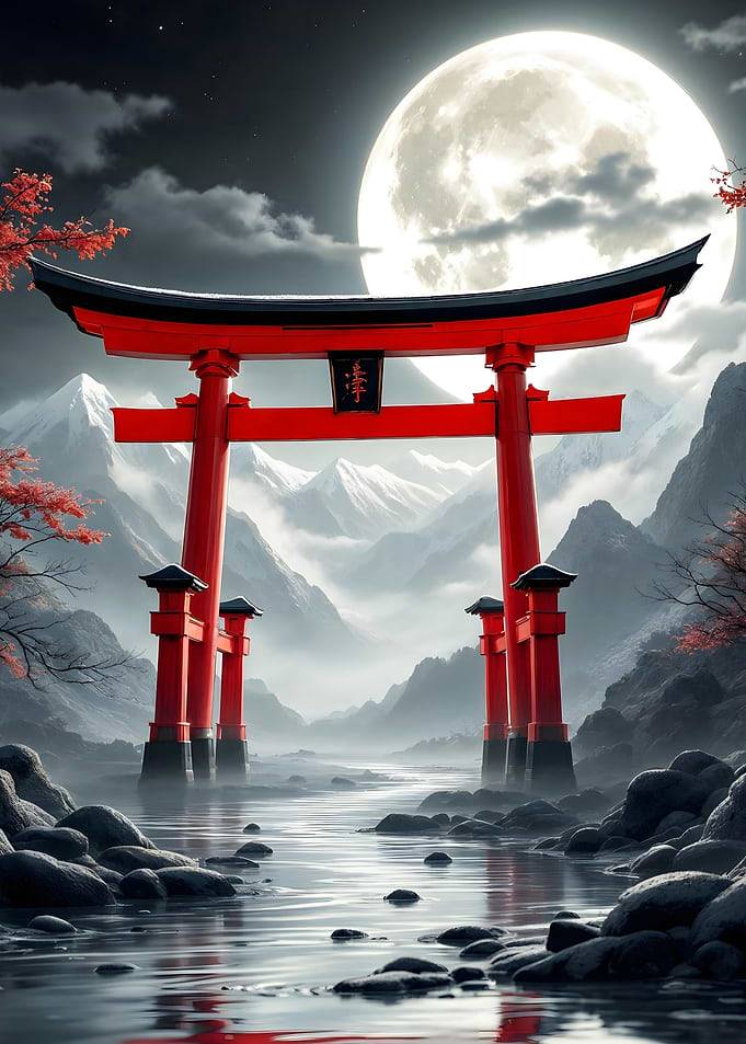 Japanese Torii Gate Under Full Moon