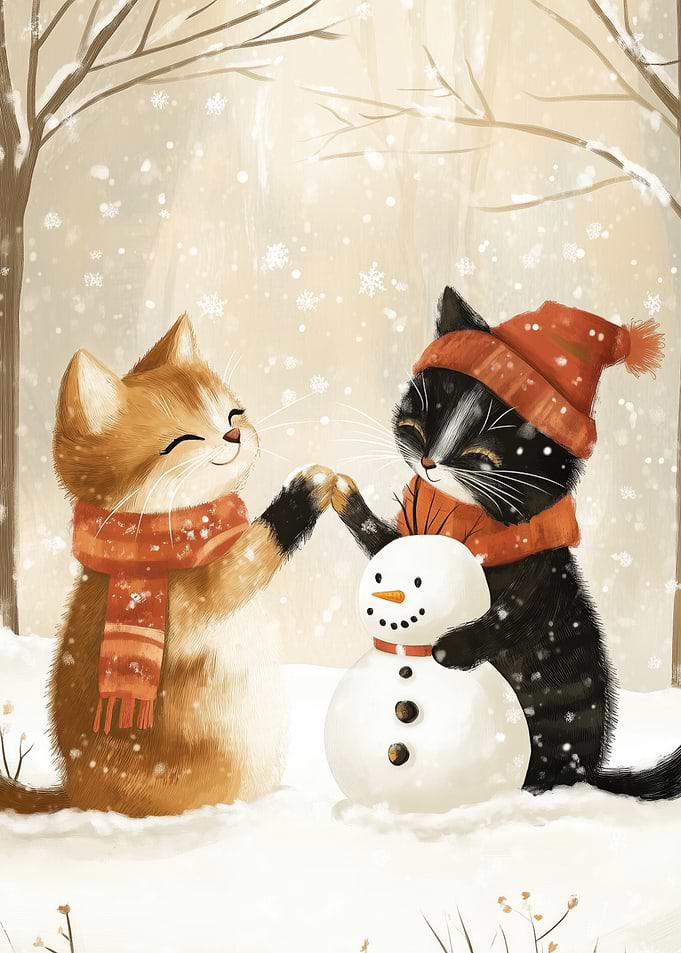 Cats Building Snowman