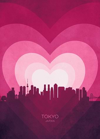 Tokyo Japan Skyline Hearts Pink