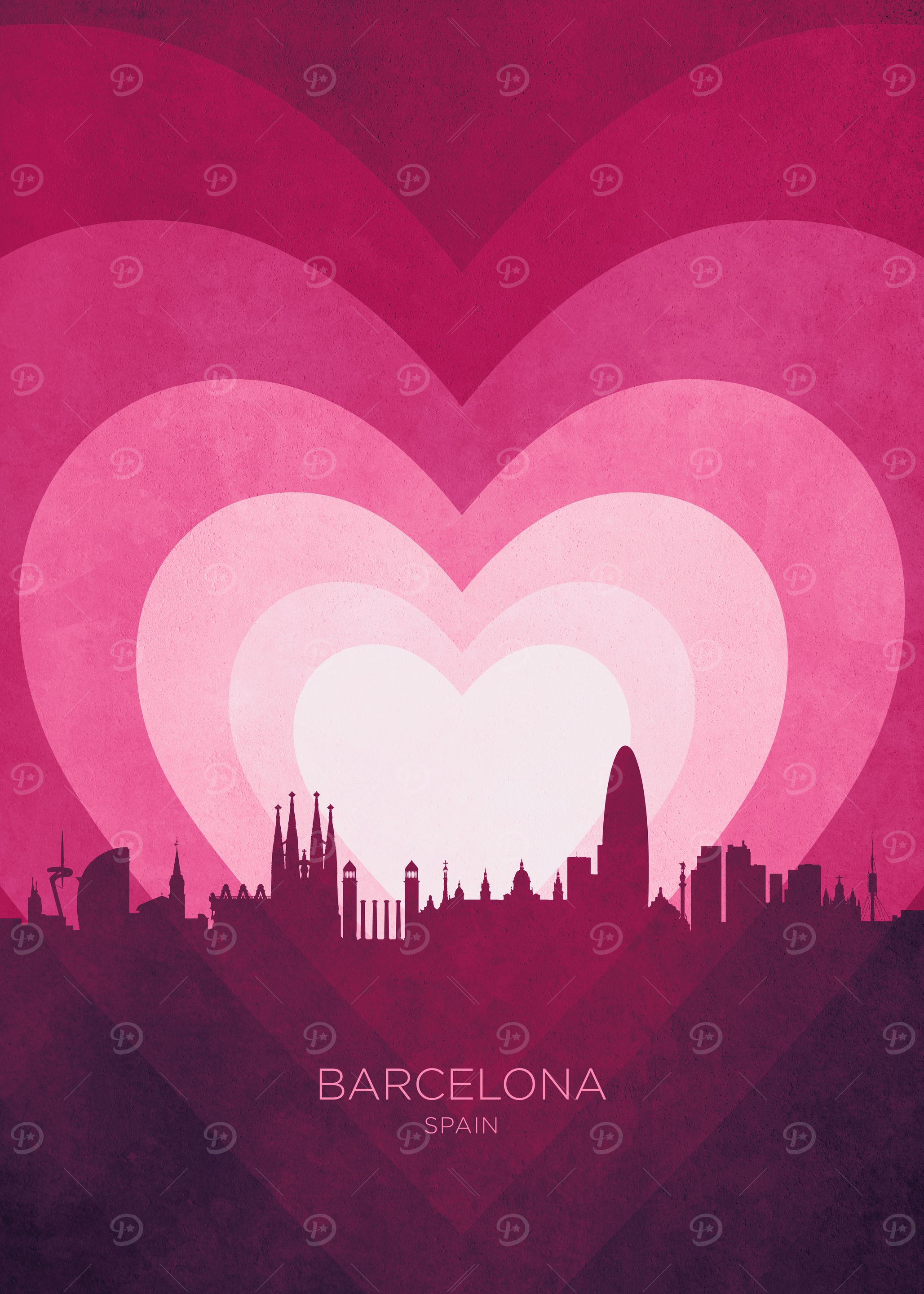 Barcelona Spain Skyline Hearts Pink