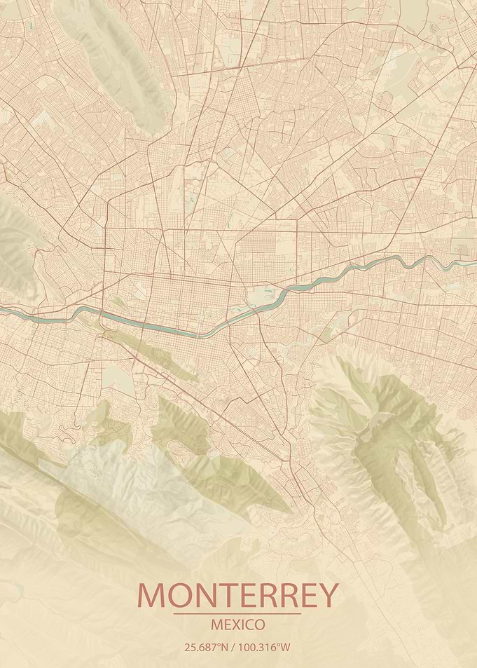Monterrey Mexico Vintage Style City Map